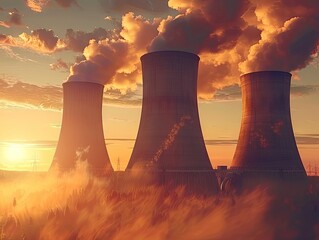 Industrial Dawn at the Power Plant, Cooling towers of a power plant stand tall against a dramatic sunrise, with steam clouds merging into the morning sky, illustrating energy production. - obrazy, fototapety, plakaty
