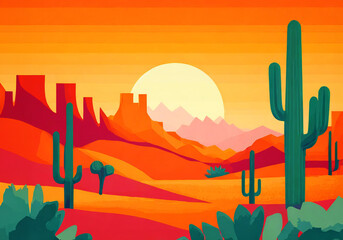 sunset over desert landscape with canyon and cactus trees simple flat design illustration