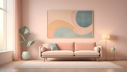 Minimalist, retro, contemporary composition of living room. pastel tone.