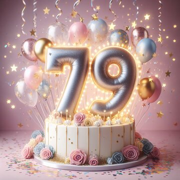 Vector Illustration of a Number 79th Birthday Balloon Celebration Cake, Adorned with Sparkling Confetti, Stars, Glitters, and Streamer Ribbons for a Festive Atmosphere	