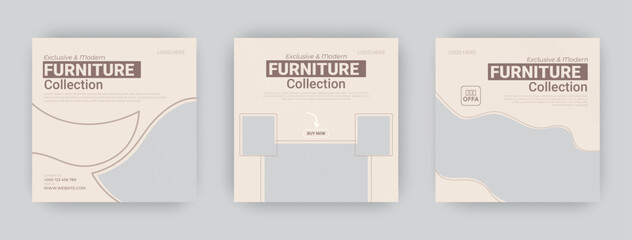 Minimal furniture banner template design. Set of three soft gray color social media web promotional poster illustrations