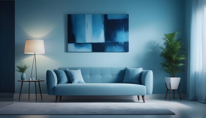 Minimalist, retro, contemporary composition of living room . Blue and white. tone on tone. 