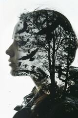  beautiful girl with birds , double exposure.black and white portrait of a pretty woman combined with a drawing of birds