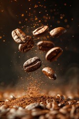 Flying coffee beans over dark,falling down fresh coffee beans