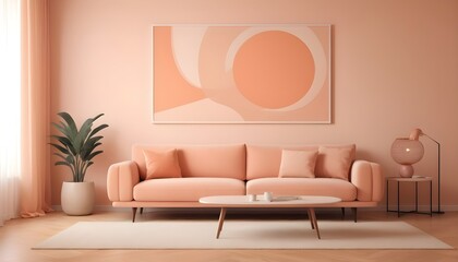 Minimalist, retro, contemporary composition of living room. Beige, pink, peach fuzz tone on tone