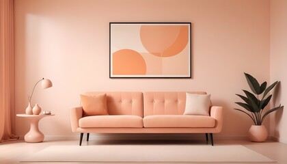 Minimalist, retro, contemporary composition of living room. Beige, pink, peach fuzz tone on tone