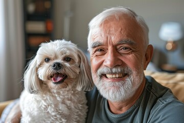 Senior man at home with their adorable scruffy little dog.pet friendly concept.