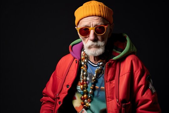 Portrait of a stylish senior man in red jacket and sunglasses.