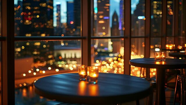 Rows of sleek hightop tables line the rooftop each offering a breathtaking view of the glittering city lights. Soft lounge music plays in the background enhancing the upscale