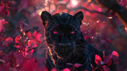 Deurstickers black cat in the garden with neon light. © FDX