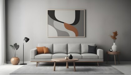 Minimalist, retro, contemporary composition of living room . Grey, tone on tone.