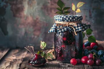 Vintage Aesthetic: Homemade Berry Jam in a Glass Jar on Rustic Table Setting, Accented with Fresh Berries and an Antique Spoon