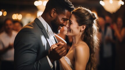 Interracial couple dancing at wedding - obrazy, fototapety, plakaty