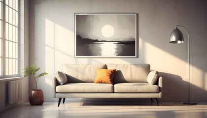Minimalist, retro, contemporary composition of living room .tone on tone.