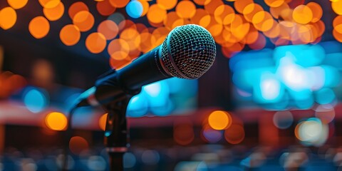 Microphone at Business Seminar Capturing Voice of Expertise with Vibrant Colorful Lighting and Blurred Backdrop - obrazy, fototapety, plakaty