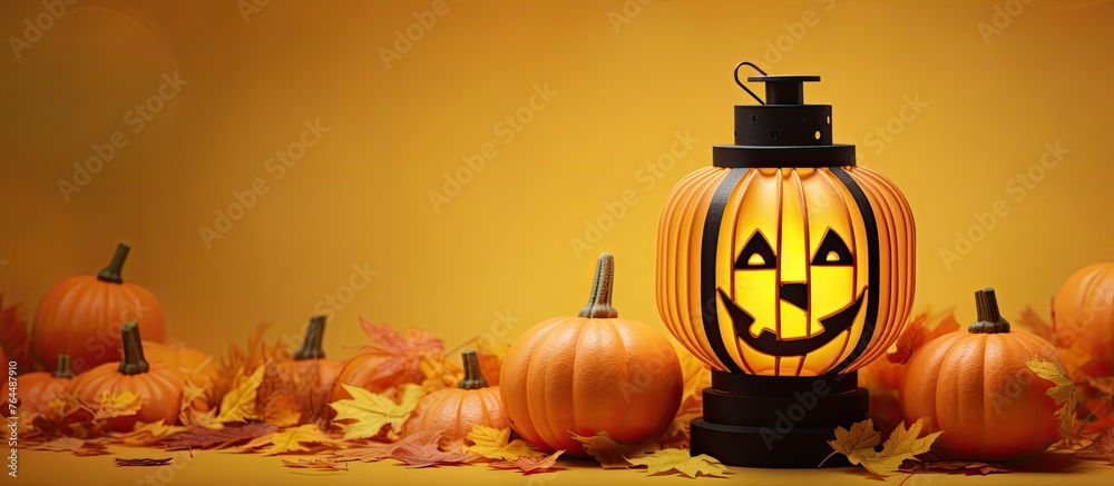 Wall mural A collection of pumpkins and carved Jack O Lanterns placed on a table with scattered autumn leaves