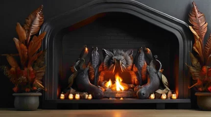 Rolgordijnen fireplace with burning wood © Muhammad