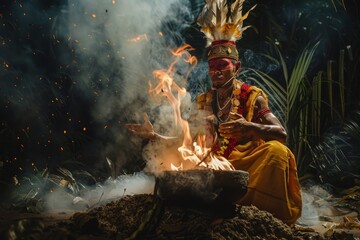 A man wearing a headdress sits by a fire, surrounded by flames - obrazy, fototapety, plakaty