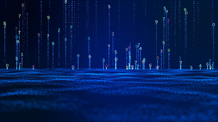 Digital Rainfall in number Cyberspace:  blue color A Visualization of Abstract Data Flow animation particle background.