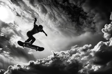 A man defies gravity as he flies through the air while riding a skateboard, showcasing extreme sports adrenaline-fueled action