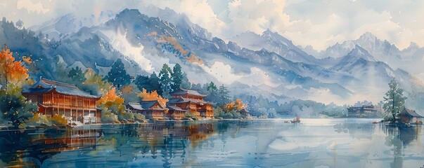 Chinese huts along the river, a serene watercolor