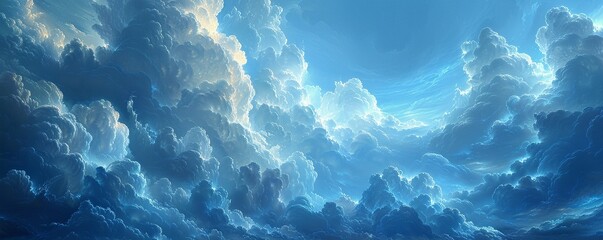 Cloud drawing, fluffy and light on a blue canvas - obrazy, fototapety, plakaty