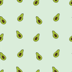 Ripe, juicy avocado cut with leaves, seamless geometric pattern, vector.Hand drawn in doodle style.Design for printing on fabrics, holiday and confectionery packaging, wallpaper, wrapping and scrap