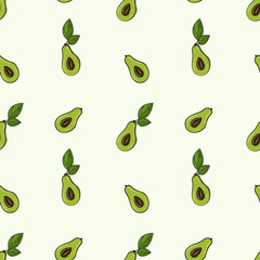 Ripe, juicy avocado cut with leaves, seamless geometric pattern, vector.Hand drawn in doodle style.Design for printing on fabrics, holiday and confectionery packaging, wallpaper, wrapping and scrap