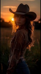 Hot cowgirl, the essence of wild west allure, sunset silhouette