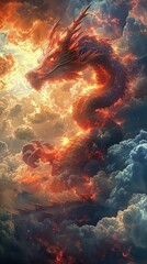Mystical drawn dragon swirling in clouds, fantasy come alive - obrazy, fototapety, plakaty