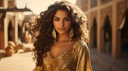 Fotobehang Moroccan Woman with curly hair in golden dress. Luxury and premium © Usman