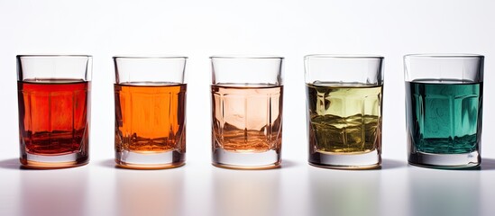 There are four glasses on a table, each containing a unique colored liquid, creating a vibrant and diverse display - obrazy, fototapety, plakaty