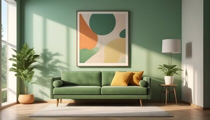 Minimalist, retro, contemporary composition of living room. Green tone.