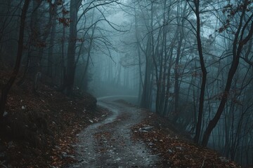 Misty forest path in autumn, with a mysterious ambiance and leaves covering the ground, invoking a sense of solitude.

 - obrazy, fototapety, plakaty