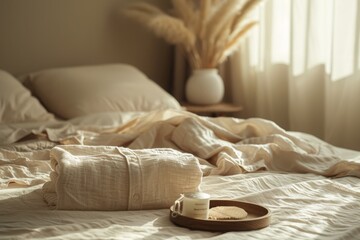 Warm sunlight filters through sheer curtains onto a cozy bedroom scene, highlighting a comfortable...