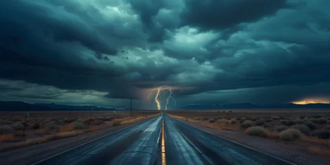 Tuinposter Deserted desert highway amidst Heading towards the stormy tornado, driving on a road with lightning and fields of crops  in the background, Dramatic storm clouds loom over an endless highway © Faiza