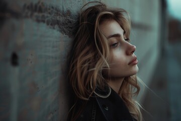 Obraz premium Pensive woman leaning against a wall, candid shot with urban vibe.