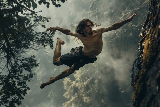 Man in freefall against a serene sky reflects the ultimate thrill of cliff diving into a tranquil lake, juxtaposing adventure with nature.

