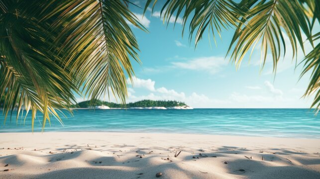 Tropical leaves on the background of sea waves on a sandy beach. The concept of recreation, vacations, tourism.