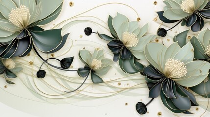 Elegant Floral Paper Art: 3D Flowers in Green and Gold on Ivory Background
