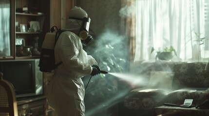 Depict a faceless pest control worker, clad in a protective suit, methodically spraying insect poison in a living room  - obrazy, fototapety, plakaty