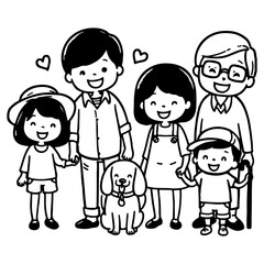 Obraz premium drawing happy family with dog cartoon character doodle vector illustration on white background