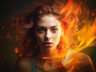 Woman stands defiantly against flames.