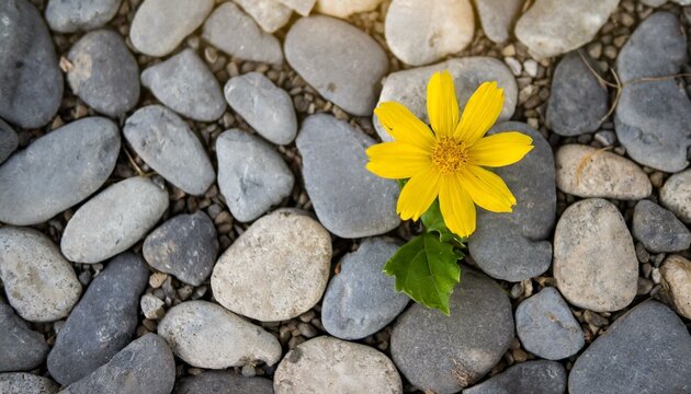 Floral Harmony: Top View Photo Capturing Yellow Flower on Stone Surface