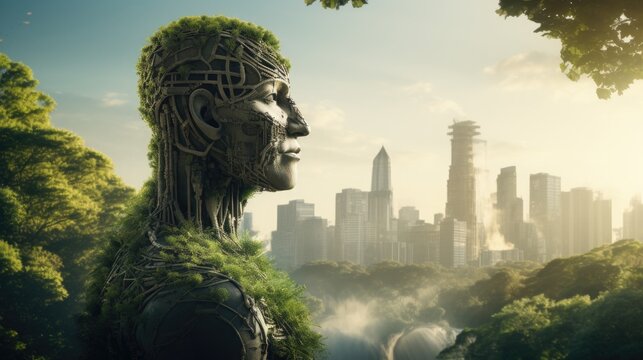 Sustainable environment concept. The image depicts human thinking towards preserving nature, reducing carbon footprint and building sustainable urban community for green future