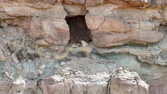 Aerial abandoned uranium mine southern Utah pull. San Rafael Swell geologic environment southern Utah. Abandoned uranium mines. Giant sandstone rocks valleys, canyons, gorges, mesas. Travel. 
