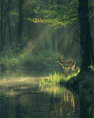 Deer by river, soft sunlight filtering through, spring ambiance ultra HD,