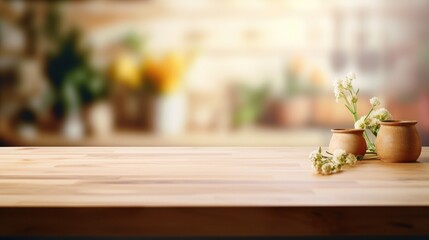 Naklejka na ściany i meble Wooden table on blurred kitchen bench background. Empty wooden table and blurred kitchen background