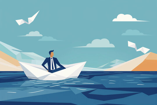 Illustration of Man sitting on paper boat in ocean