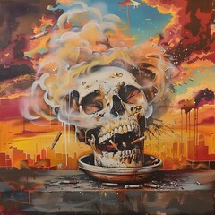 Laughing Skull Emerges from Overturned Ashtray: A Satirical Depiction in Graffiti Aesthetic Urban City Wall Acrylic Painting - obrazy, fototapety, plakaty